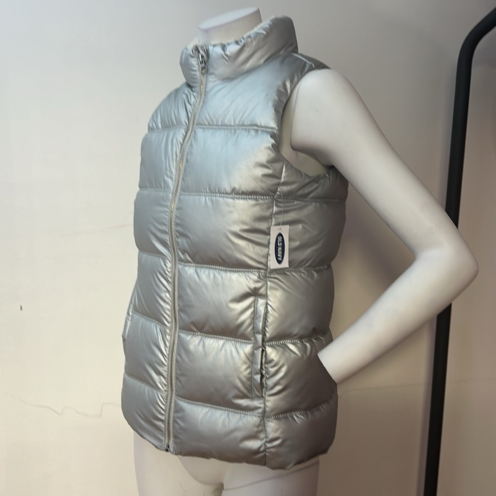 NWT Old Navy puffer vest coat jacket silver metallic shiny girl boy kids 14